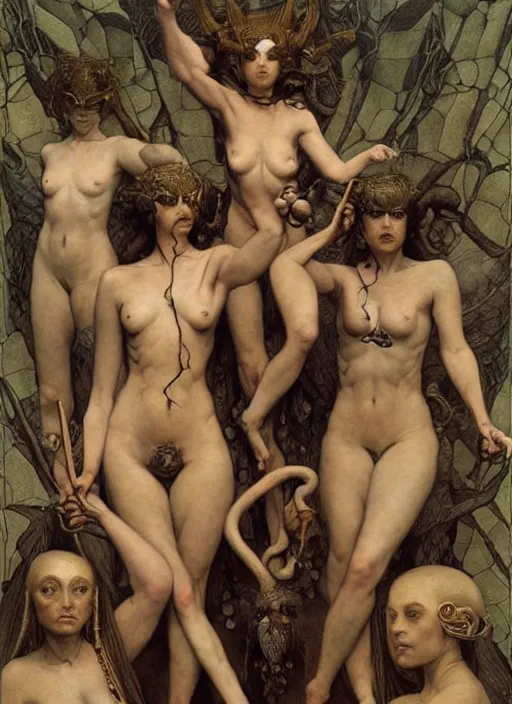 Prompt: hyper realistic painting of the furies, in the style of mc escher, wayne barlowe, gustav moreau, goward, gaston bussiere and roberto ferri, santiago caruso, and austin osman spare, bouguereau, mucha, saturno butto, sorayama. occult art, alchemical diagram