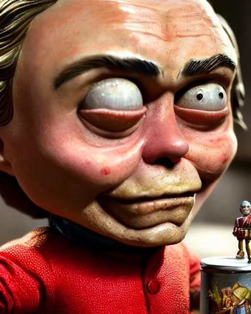 Image similar to highly detailed closeup, face profile portrait of a tin toy leonardo dicaprio as a medieval goblin eating cakes in a castle, hyper realistic, artstation, illustration, nicoletta ceccoli, mark ryden, lostfish, dan decarlo, bob clampett, max fleischer, digital paint, matte paint, vivid colors, detailed and intricate environment