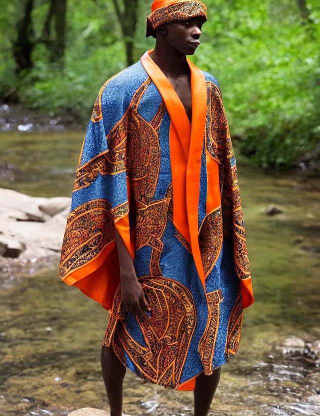 Prompt: longshot modern ancient roman toga cloak nature african american walking along small creek river in the woods marc jacobs gucci cerulean orange intricate textile robes gold