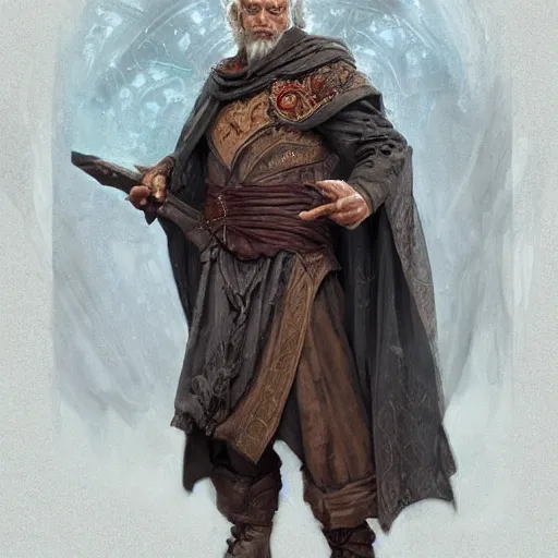 Image similar to rugged robed white male sorcerer, fantasy, D&D, portrait, piercing stare, highly detailed, digital painting, artstation, concept art, matte, sharp focus, illustration, art by artgerm and greg rutkowski and alphonse mucha