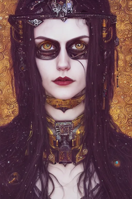 Image similar to portrait of beautiful gothic Alexandra Daddario, cyberpunk, Warhammer, highly detailed, artstation, illustration, art by Gustav Klimt