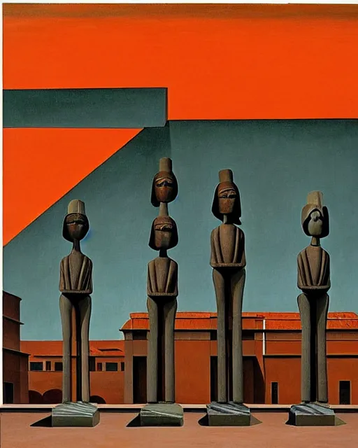 Image similar to painting by giorgio de chirico. grotesque faceless stone statues in a surreal stone city. dark orange, dark teal, brown, marble. uncanny statues on a flat roof with an ancient skyline silhouette against a dark teal sky.