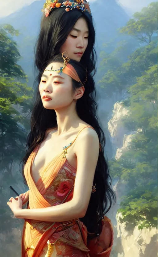 Image similar to a beautiful taiwan goddess with sundress with jewelry | | winter, realistic shaded, unpleasant face, good looking, fine details, realistic shaded lighting poster by greg rutkowski, magali villeneuve, artgerm, jeremy lipkin and michael garmash and macoto takahashi