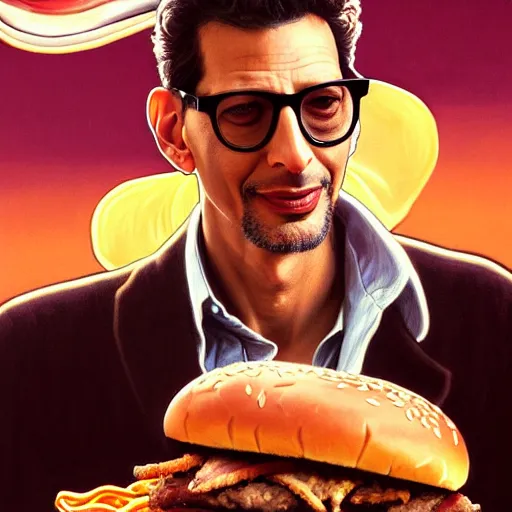 Prompt: painted portrait of ( jeff goldblum ) wearing sunglasses biting and eating giant hamburgers, mature, handsome, fantasy, intricate, elegant, highly detailed, digital painting, artstation, concept art, sharp focus, illustration, illumination, holy ethereal light, art by gaston bussiere and alphonse mucha