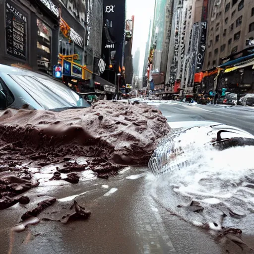 Prompt: tsunami of liquid chocolate on new york, post apocalyptic, cinematic, end of the world