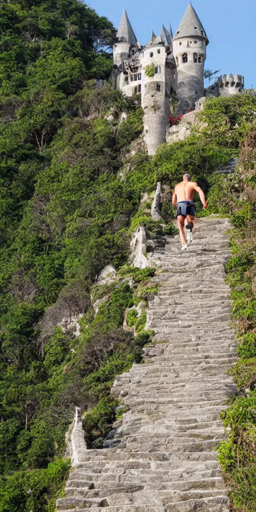 Prompt: a physically fit man climbing steep stairs toward a beautiful storybook castle on a high cliff overlooking the ocean