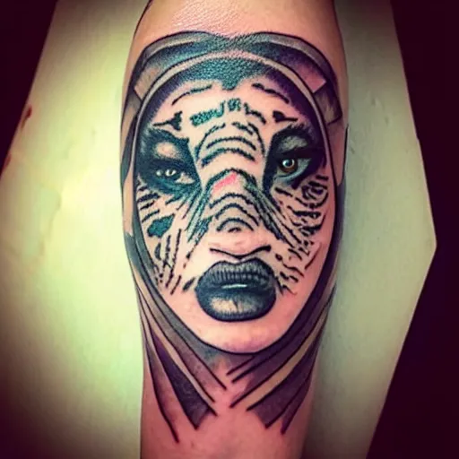 Image similar to tattoo design of a beautiful girl face, the girl is wearing a tiger head hat, hyper detailed, in the design of eliot kohek