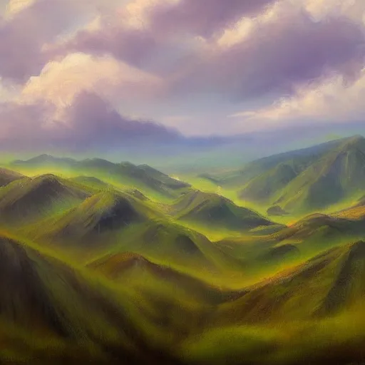 Prompt: green valleys across the horizons, beautiful clouds, natural beauty, soft focus, oil painting, high quality, highly detailed, concept art