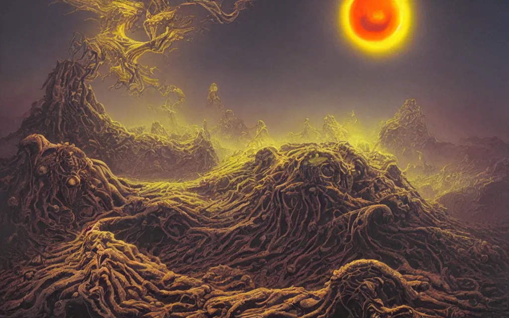 Image similar to black dead sun howling nightmare mythos dread sun of the void above the tomb wastes, award winning oil painting by Michael Whelan, dream mythos color palette