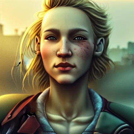 Prompt: fallout 5, charismatic beautiful rugged blonde female protagonist, portrait, outdoors ruined cityscape, atmospheric lighting, painted, intricate, volumetric lighting, beautiful, foggy, daytime, slight overcast weather, sharp focus, deep colours, ultra detailed, by leesha hannigan, ross tran, thierry doizon, kai carpenter, ignacio fernandez rios