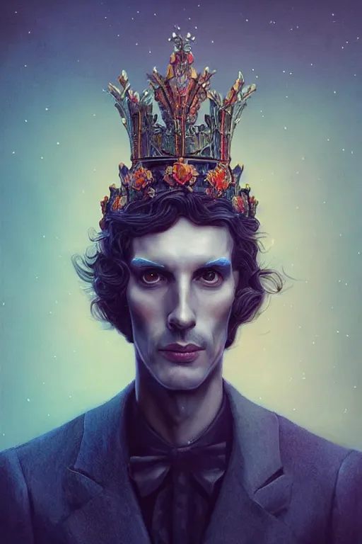 Prompt: portrait of a tall thin man wearing an elaborate crown, straight on portrait, by artgerm, tom bagshaw, gerald brom, vaporwave colors, lo fi colors, vaporwave, lo fi, 2 point studio lighting, dramatic lighting, creepy aesthetic, 4 k, hd,