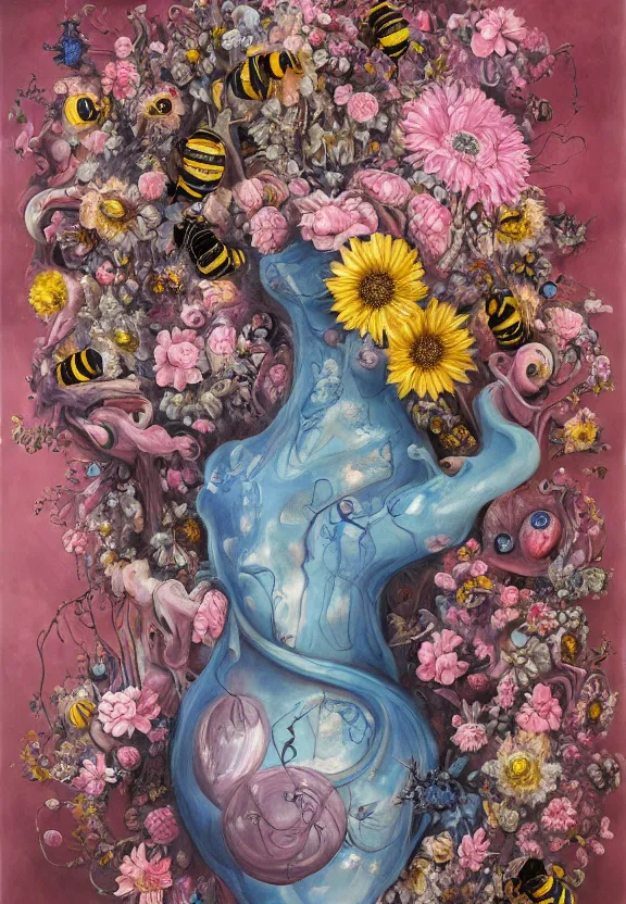 Image similar to a biomorphic painting of a vase with flowers and eyeballs in it, a surrealist painting by marco mazzoni, by dorothea tanning, pastel blues and pinks, bees, featured on artstation, metaphysical painting, oil on canvas, fluid acrylic pour art, airbrush art, seapunk, rococo, lovecraftian