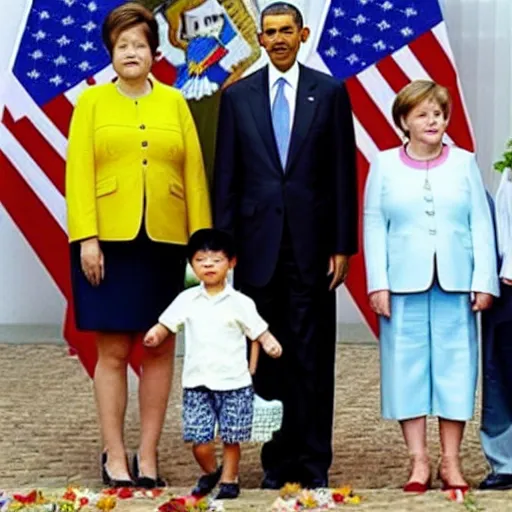 Prompt: A Family picture ofXi Jinping and Obama’s Family including their child, while Angela Merkel stands depressed in the corner, casual, beach, family, photograph, realistic