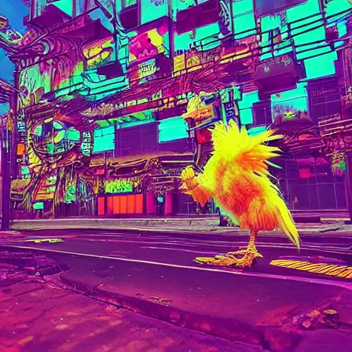 Prompt: “cyberpunk retrowave Chocobo tripping on LSD”