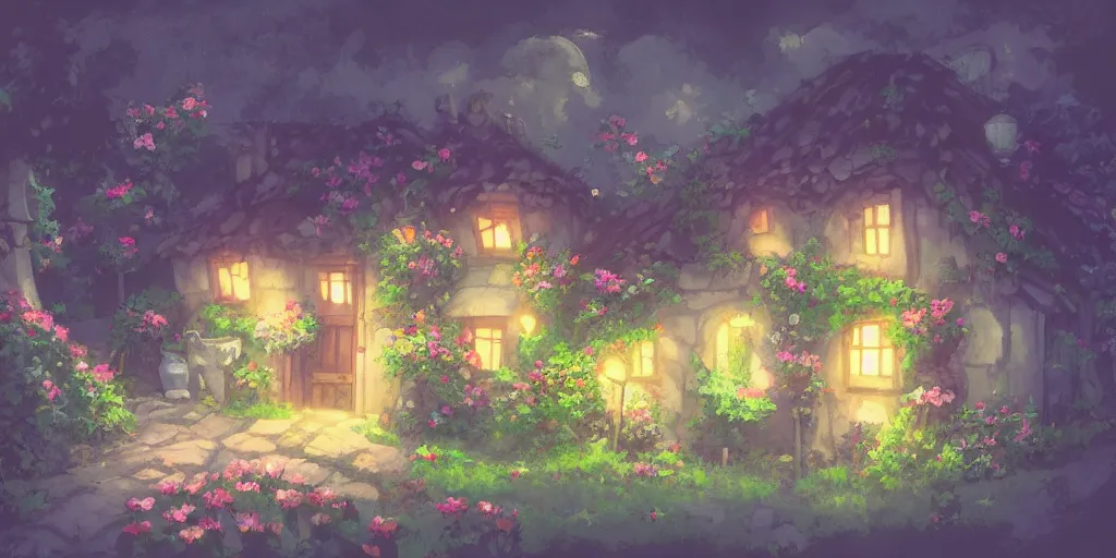 Prompt: Flowery cottage, evening, Studio Ghibli, Artstation