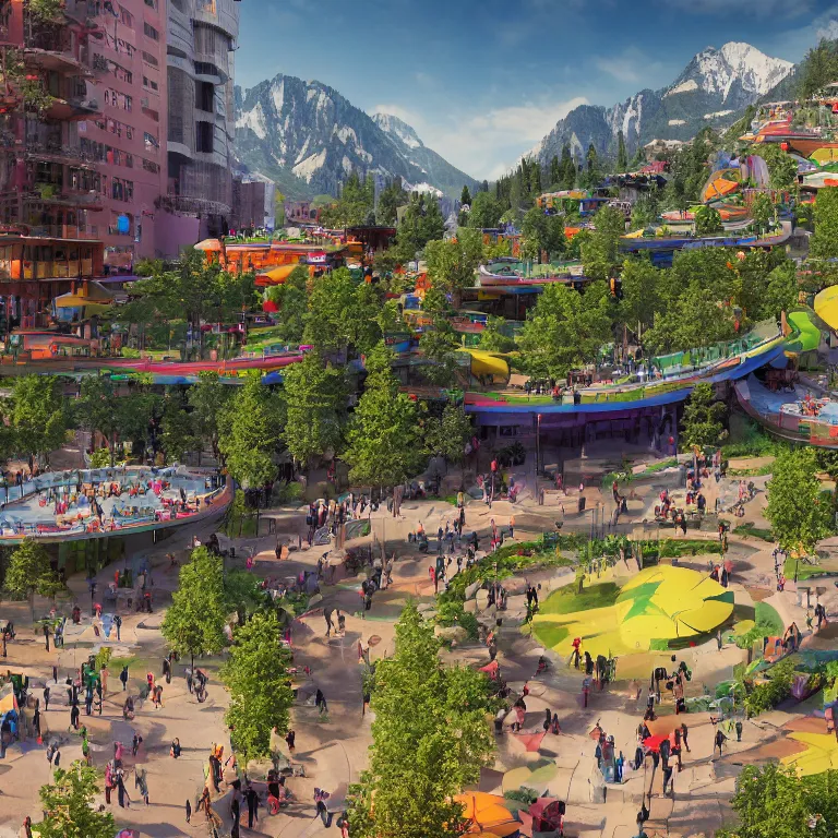 Image similar to environment concept art location of a giant outdoor amphitheater in a modern eco-city located in Aspen Colorado, skybridges, turrets, crowded, hundreds of pedestrians, sunbeams, bold bright colors, unreal engine, detailed, octane render, 4k, photorealistic, cinematic lighting