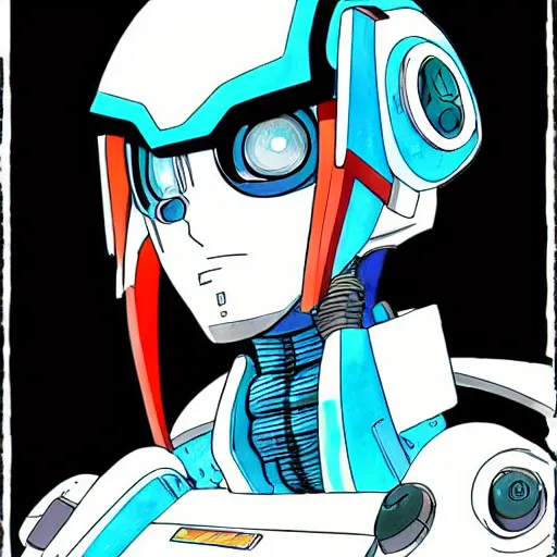 Image similar to robotic face, mecha face, anime style, akira style, watercolors, black and blue colors