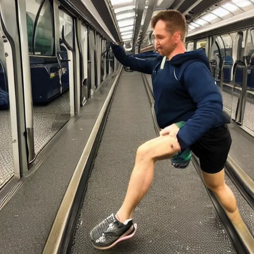 Image similar to train with human face and legs, hyper realistic