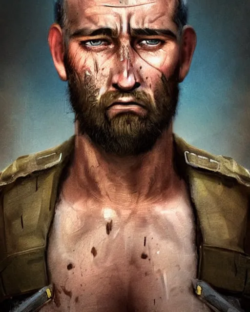 Image similar to portrait of muscular, tired and alcoholic 3 0 - year - old grieving man with short darkblonde hair, serious sad look in his eyes, looking down, dirty beard, blue eyes, crying tears, wearing dirty soldier uniform, on the desert, sad atmosphere, hyper realistic face, character art, art by mark brooks, cryengine, trending on artstation, digital art
