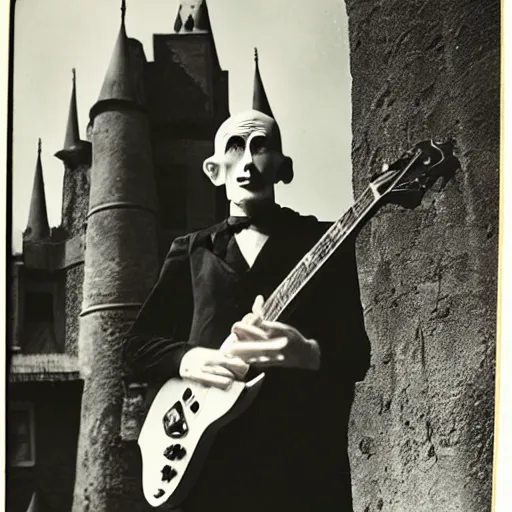 Image similar to vintage photograph of count orlok outside his castle, playing the blues on guitar, castle in the background, 4 k