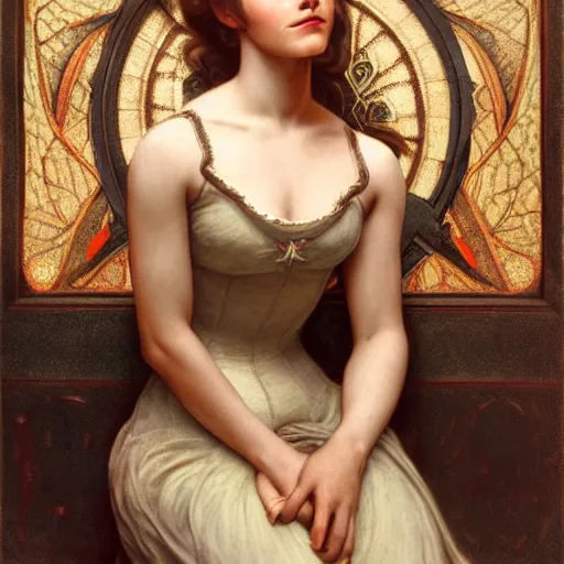 Prompt: Emma Watson of medieval art, medium shot, intricate, elegant, highly detailed, digital painting, volumetric light, artstation, concept art, smooth, sharp focus, illustration, art by Gil Elvgren and Greg Rutkowski and Alphonse Mucha, 8K