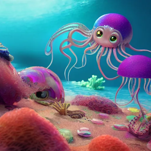 Prompt: underwater crystals, octopus character or jellyfish, illustrations, 3 d render, illustrated, incredible details, highly detailed, photorealistic, disney pixar, octane render, iridescent, anime, 8 k