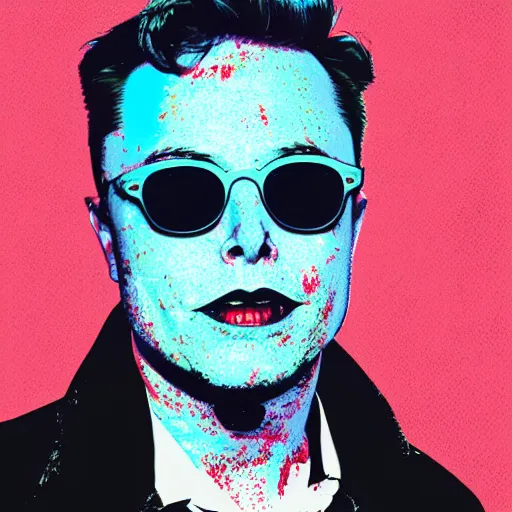 Prompt: the portrait of depressed, miserable, sorrow elon musk worrying he forgot to unplug the iron. wearing wayfarer sun glasses. colorful pop art, modern art, by andy warhol