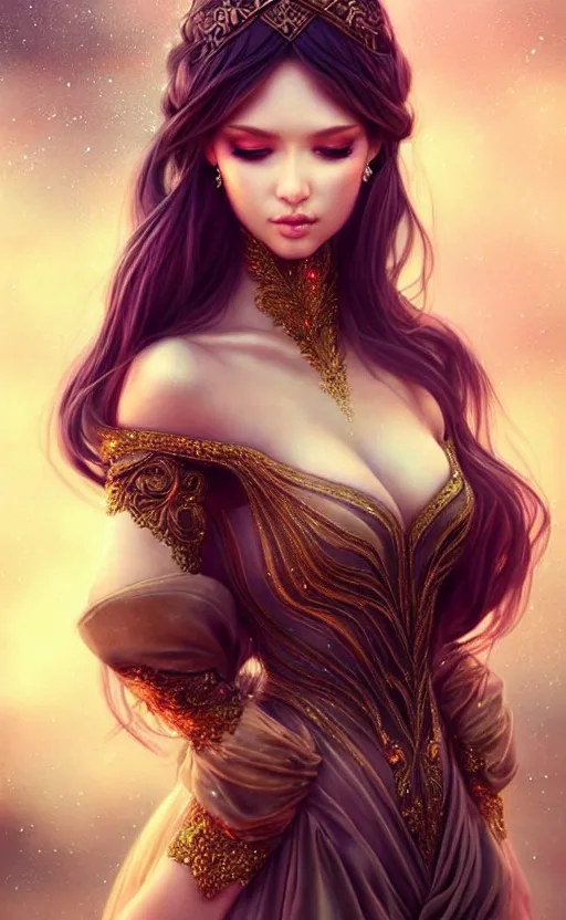 Image similar to a fantasy photo of gorgeous russian female, evening gown, bokeh, medium shot, beautiful face, professionally retouched, soft lighting, realistic, smooth face, perfect eyes, sharp focus, 8 k realistic high definition, insanely detailed, intricate, elegant, art by artgerm and kyoung hwan kim