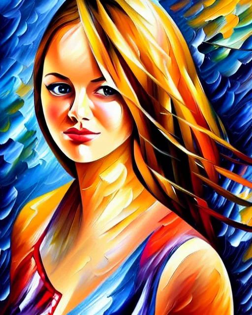 Image similar to girl artwork by leonid afremov, golden hour, illustration, highly detailed, simple, smooth and clean vector curves, no jagged lines, vector art, smooth, artstation