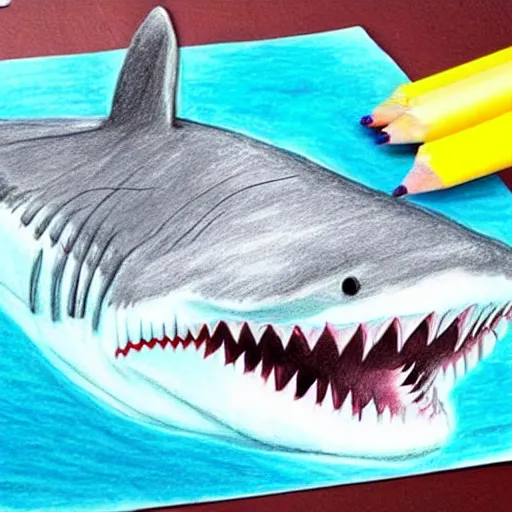 Image similar to hyper realistic children's drawing of a shark attack