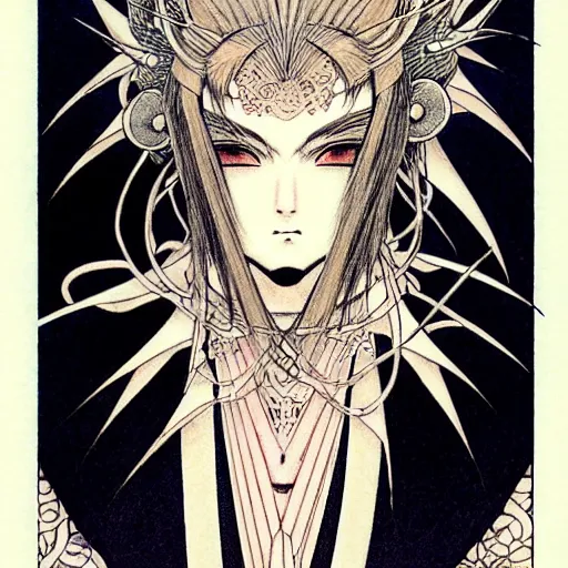 Image similar to prompt: Fragile looking character soft light portrait face drawn by Takato Yamamoto, modernistic looking armor with wild hairstyle, tattooed face, inspired by Evangeleon anime, alchemical objects on the side, soft light, intricate detail, intricate ink and gouache painting detail, manga and anime 1990 high detail, manga 1990