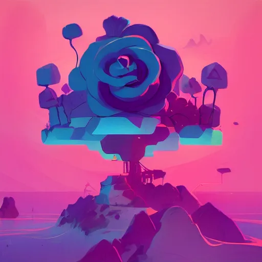 Image similar to beautiful digital rose in stunning pink sea, VERY LIGHT purple and blue scheme, isometric, by Anton Fadeev and Simon Stalenhag, trending on artstation, low contrast