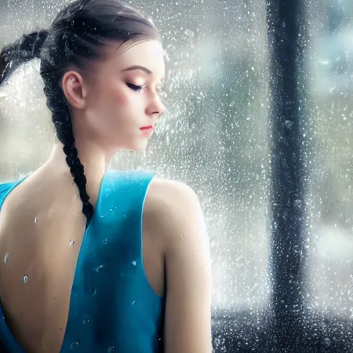 Image similar to a beautiful girl with long blue ponytail, bangs, pale skin, wearing red formal attire, highly detailed, 8 k, octane render, professional portrait, realistic oil painting, rainy window, water droplets frozen in time, god rays,