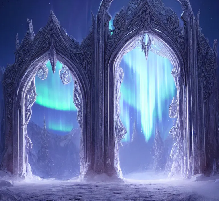 Image similar to a very detailed concept art of intricate and elven white gates to aurora borealis infused with magic, dynamic lighting trending on artstation, symmetry, digital art, 4 k, hyper realistic, octane render, sharp focus