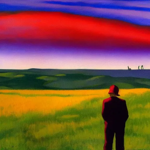 Prompt: the end of everything all at once, people looking up on the grasslands to witness it, red - black, vibrant colors, edward hopper painting, massive purple explosion