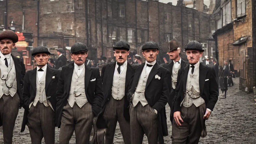 Prompt: a group of shrimps dressed like the peaky blinders