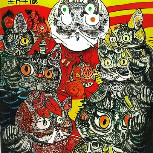 Image similar to A collaboration manga between Louis Wain and Junji Ito