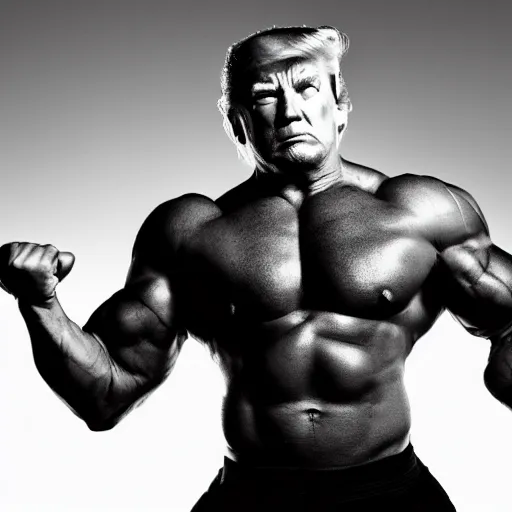 Image similar to very muscular donald trump, 8k, black and white photo, professional photography