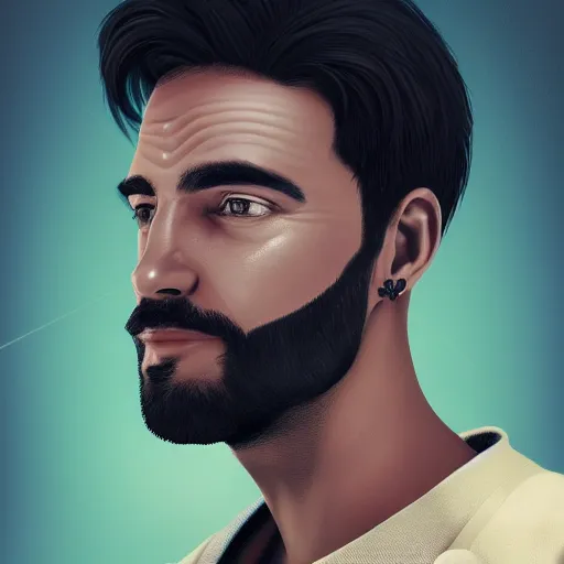 Prompt: Highly detailed headshot of male sci-fi character portrait in his 30's, features between French, Turkish and Russian with short black hair on the sides and a fringe dressed in a beige and black jumpsuit, 4K Trending at Artstation HQ