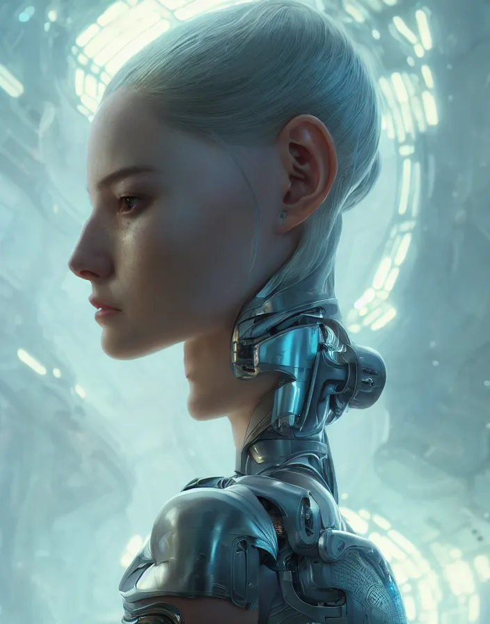 Image similar to crying beautiful female android!, intricate detailed environment, photorealistic!, octane render, mechanical, concept art, cinematic lighting, digital art, cinematic, cgsociety, hyper realism, cyberpunk 8 k. by artgerm and wlop and maciej kuciara and godmachine and moebius and rossdraws and greg rutkowski and alphonse mucha and stanley lau