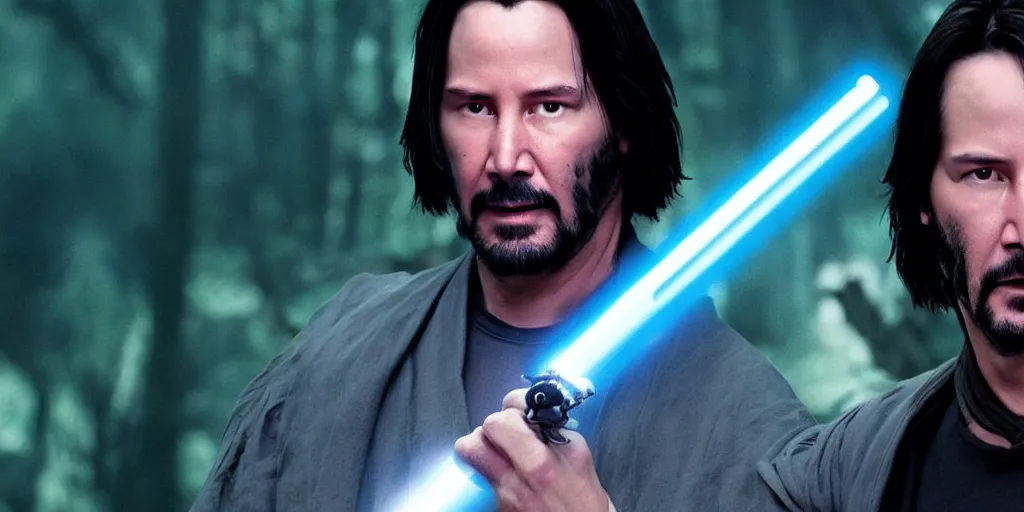 Image similar to keanu reeves as a jedi master with a blue lightsaber fighting a sith lord in an ancient bioluminescent forest, perfect symmetrical face, full moon, moody lighting, 8 k, shallow depth of field, intricate detail,