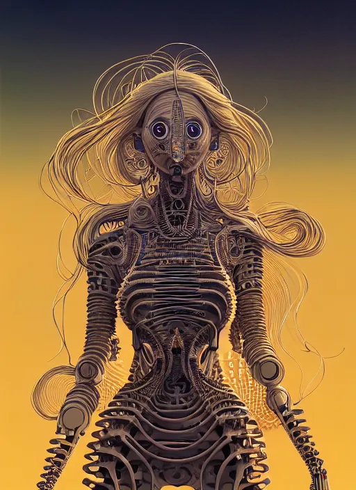Prompt: highly detailed portrait of a biomechanical long curly white hair tribal lady, stray wiring by atey ghailan, james gilleard, by joe fenton, by greg rutkowski, by greg tocchini, by kaethe butcher, 4 k resolution, gradient yellow, black and white color scheme!!! ( ( robotic honeycomb sandy desert brick pyramid background ) )