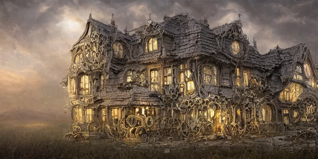 Prompt: beautiful house made of mechanical watch parts, gears, cogs, jewels, architectural render, by jaroslaw jasnikowski, by gabriel dawe, by skottie young, by jessica rossier, by isaac cordal, metal architecture, trending on artstation, photorealistic, 8 k, role, x tag her, breitling, jacob & co