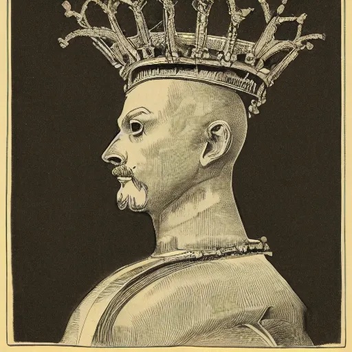 Image similar to a portrait of the head of a robot emperor with a crown of laurels ( c. 1 8 8 0 - 1 8 9 2 ) drawing in high resolution by otto eerelman