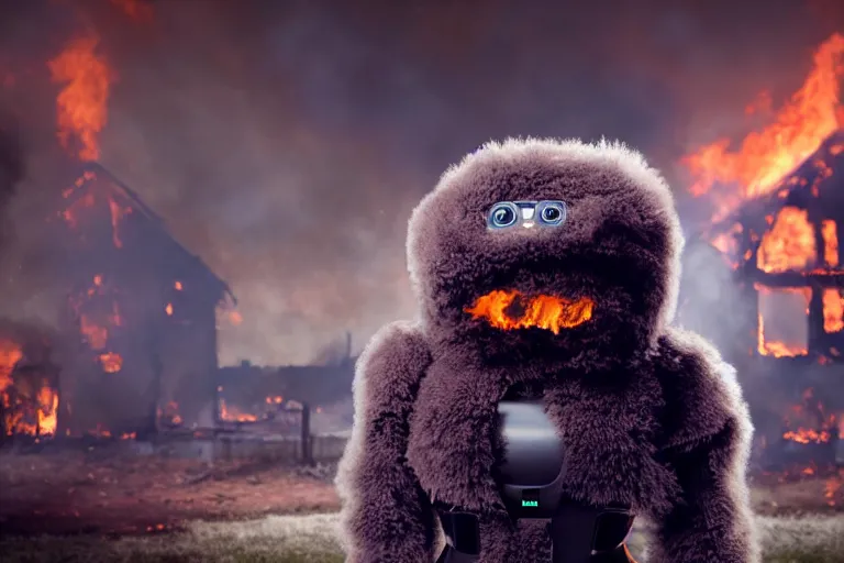 Image similar to <picture quality=4k-ultra-hd mode='attention grabbing'>Adorable fluffy robot looks into the camera sinisterly as a house burns behind it - inspired by Disaster Girl</picture>