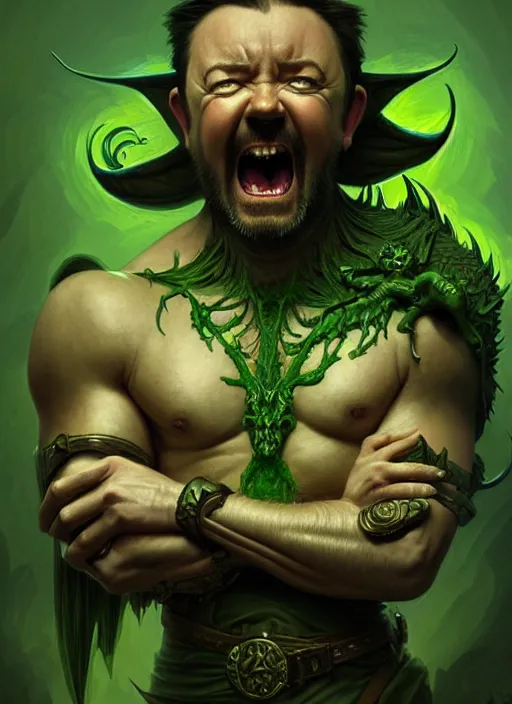 Image similar to portrait of ricky gervais as a goblin, d & d, muscular! green, fantasy, intricate, elegant, highly detailed, digital painting, artstation, concept art, smooth, sharp focus, illustration, art by artgerm and greg rutkowski and alphonse mucha