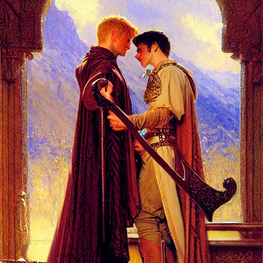 Image similar to attractive, arthur pendragon in love with attractive male, merlin the mage. highly detailed painting by gaston bussiere, craig mullins, j. c. leyendecker