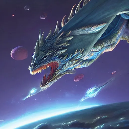 Image similar to Blue scaled dragon devouring an earth like planet while flying in space, European dragon, sun system, nebula, oil painting, by Fernanda Suarez and Edgar Maxence and Greg Rutkowski