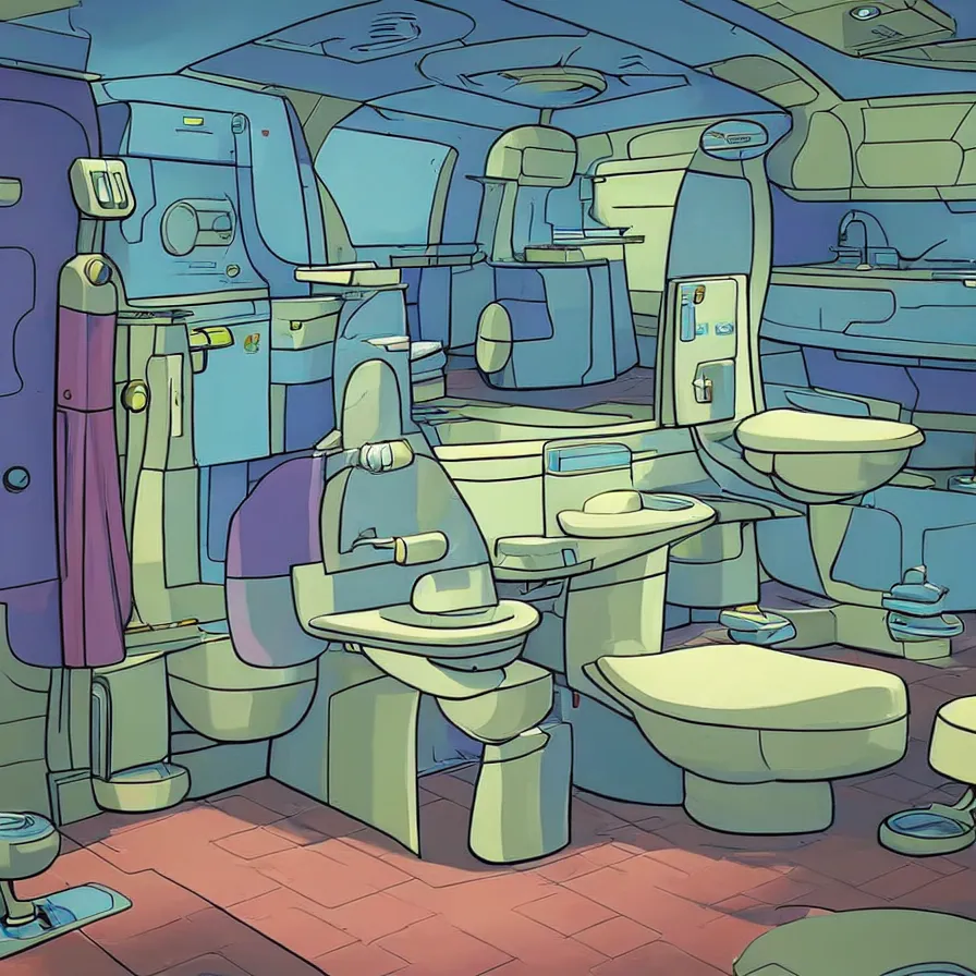 Prompt: concept art of jetsons cartoon bathroom, painted by tim white