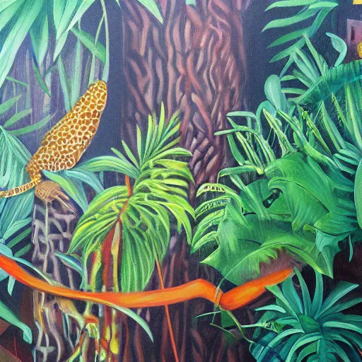 Image similar to 4 th wall jungle painting, oil and acrylic on canvas, high detail